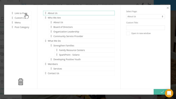 Screenshot of internal page menu item settings